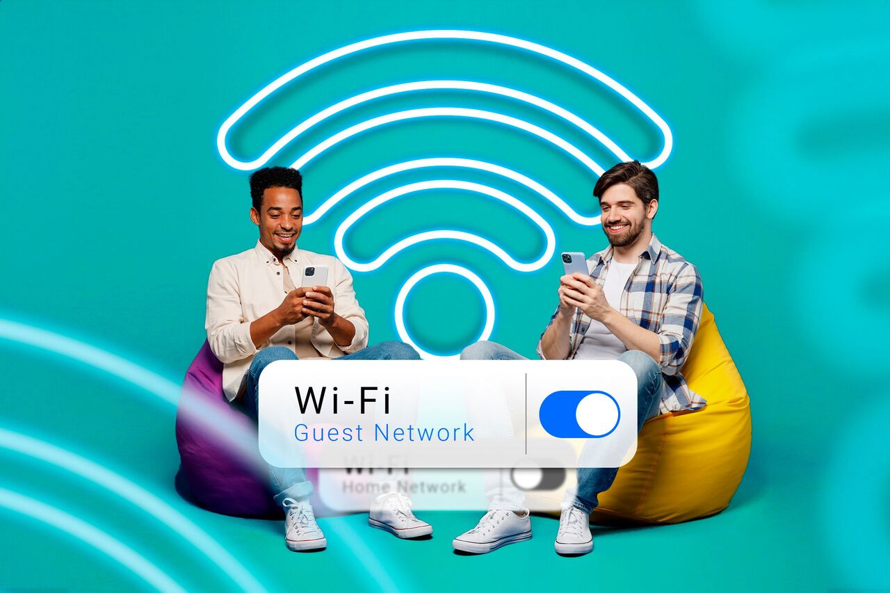 お手玉の上に座って携帯電話を使用している 2 人の男性、背景に Wi-Fi アイコン、ゲスト Wi-Fi が接続されています。