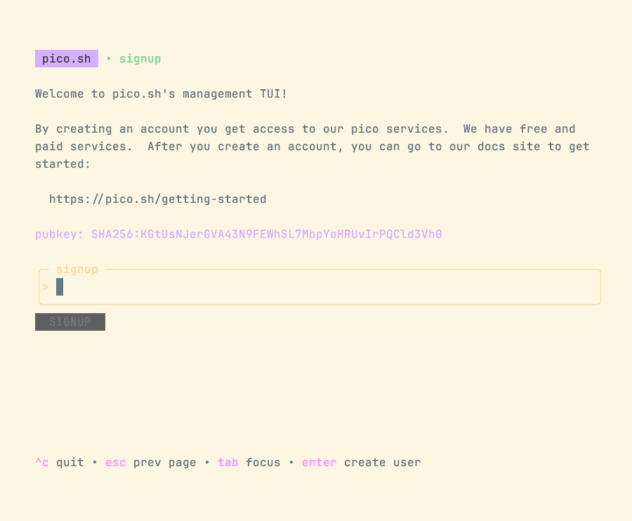 テキストインターフェイスの読み取り "pico.sh の管理 TUI へようこそ" ユーザー名を入力するボックスがあります。