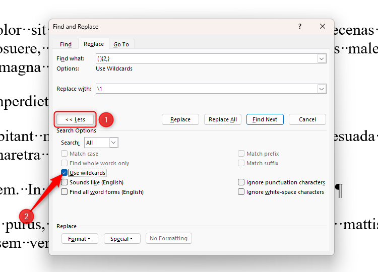 Microsoft Word の[検索と置換]ダイアログ ボックスで[ワイルドカードを使用する]オプションがオンになっています。