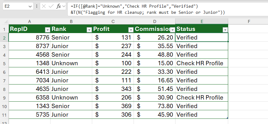 T(N()) は Excel の IF 式に追加され、テキストベースの結果に内部式コメントを追加します。