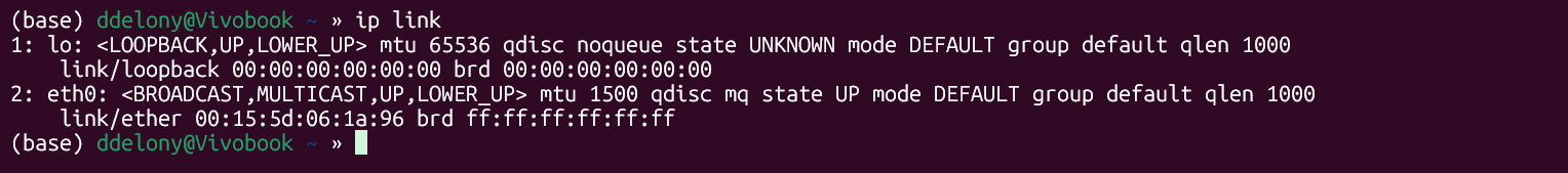 Windows の WSL での Linux ip link コマンドの出力。