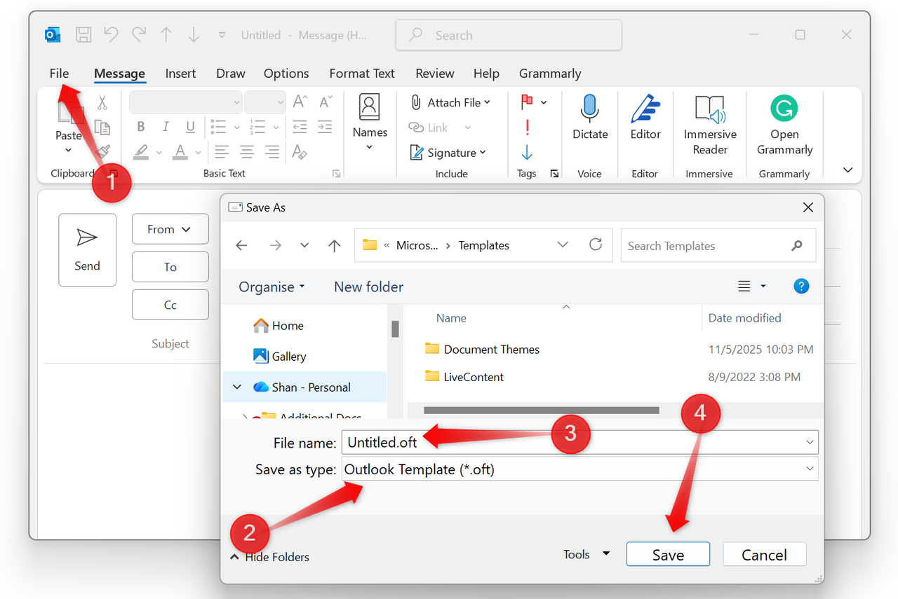 Outlook でメールをテンプレートとして保存します。