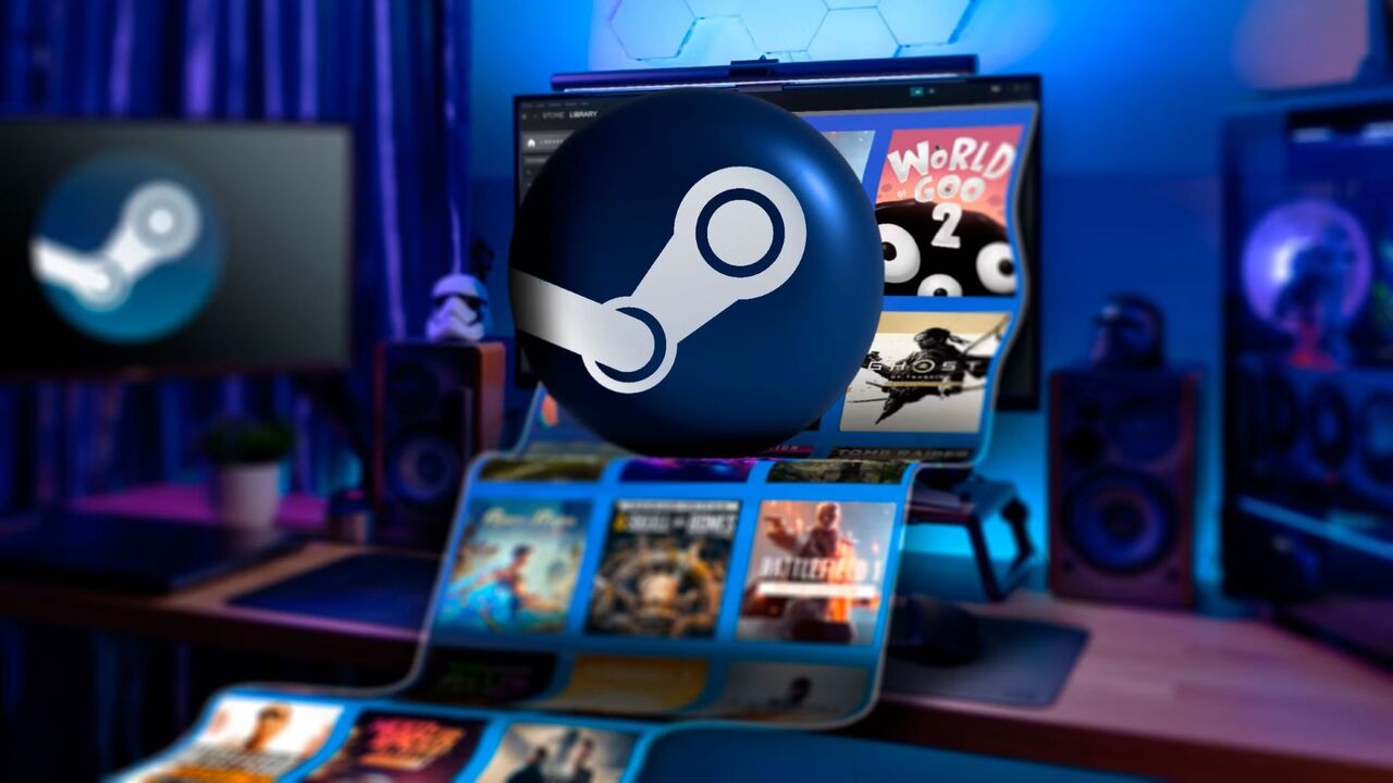 複数の Steam ゲームが画面から出てきて、中央に Steam ロゴが表示されるゲーミング PC。 (1)