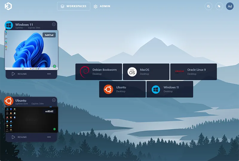 実行可能なオペレーティング システムを表示する Kasm ワークスペース。