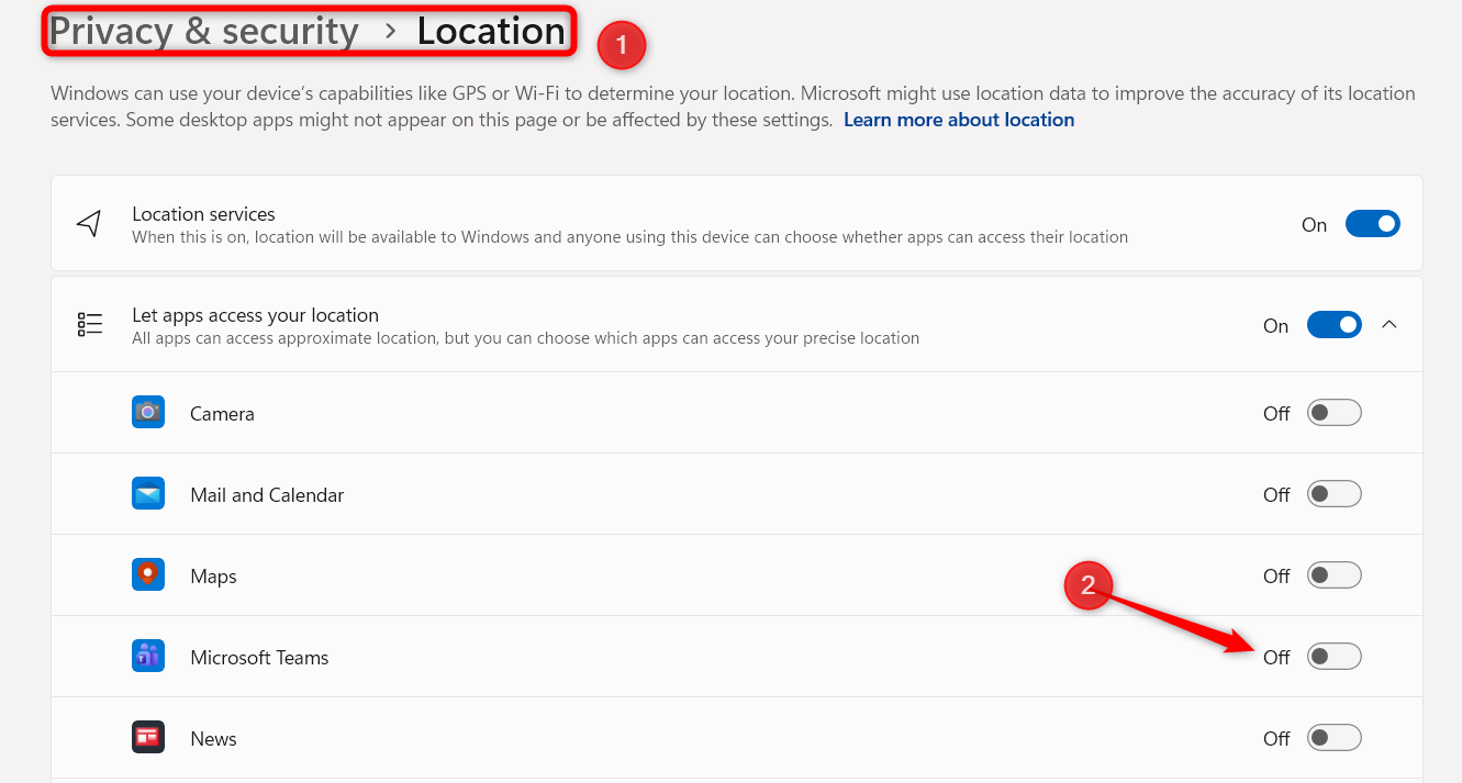 Windows のさまざまなアプリの位置情報のアクセス許可を調整します。