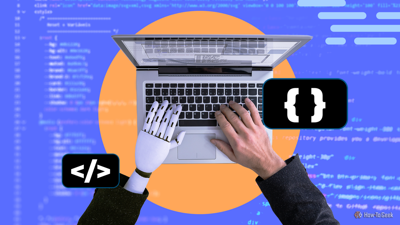ラップトップのキーボードで一緒に入力するロボットの手と人間の手。コーディング記号とぼやけたコードの背景が付いています。