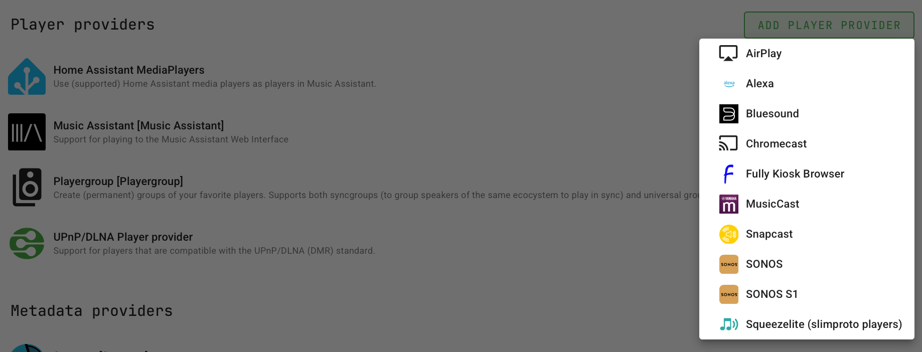 ミュージック アシスタントのプレーヤー プロバイダー オプション。