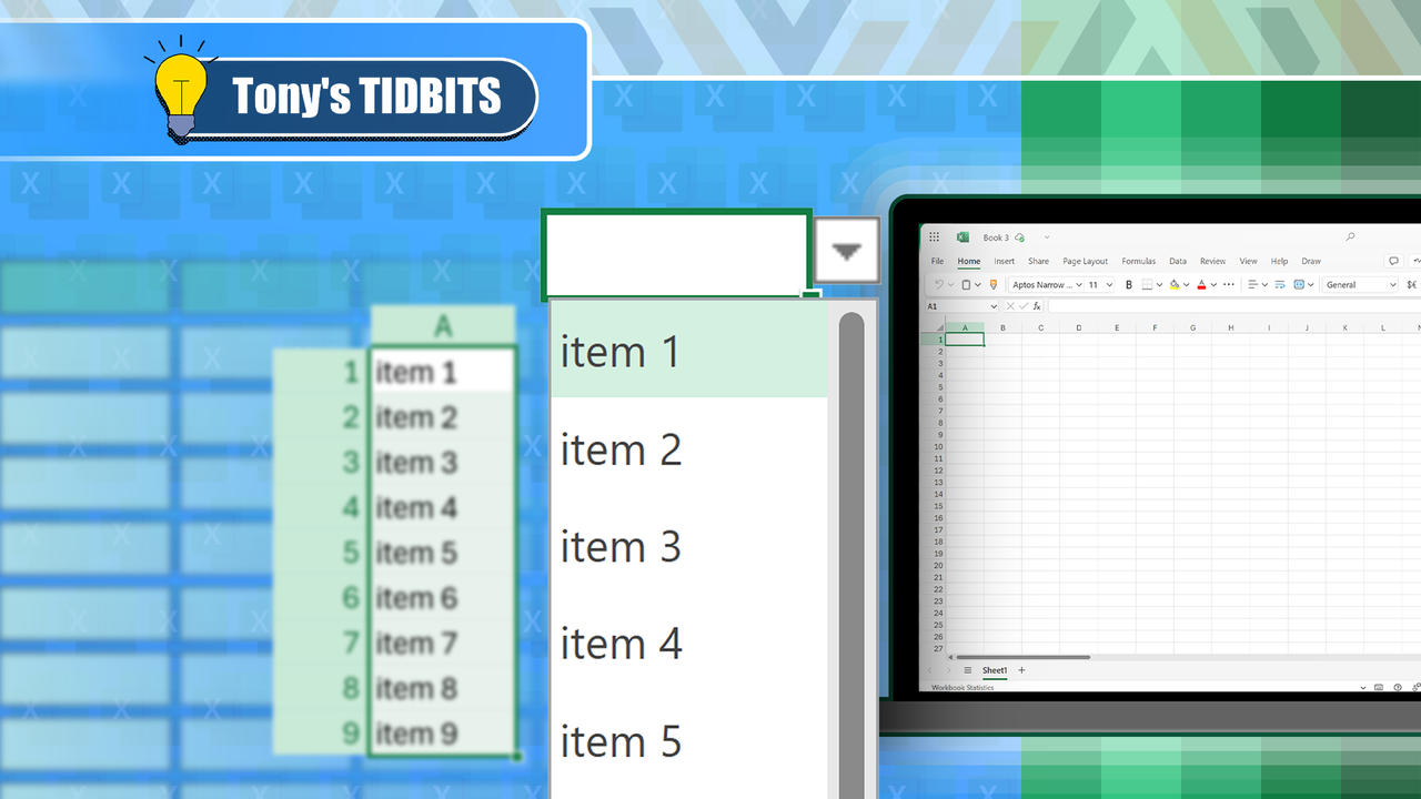 Microsoft Excel のドロップダウン リスト。左側にリスト項目を含む列があり、右側にラップトップが表示されます。