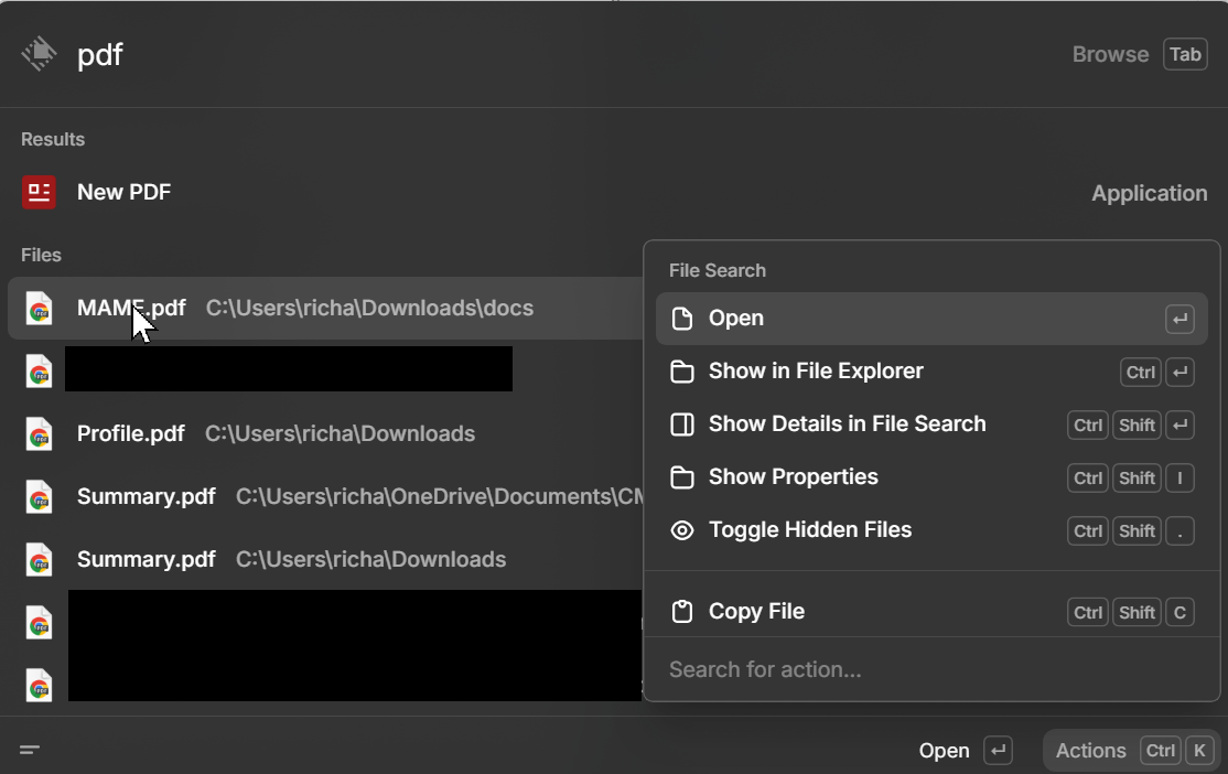 PDF 上で右クリックのコンテキスト メニューが開いた Raycast の検索画面のスクリーンショット。