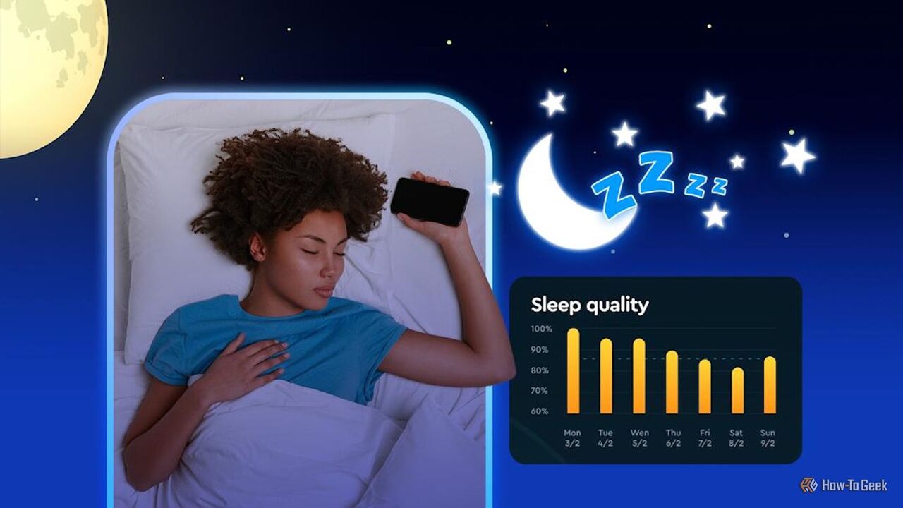 月、星、「zzz」の記号が描かれた夜をテーマにした背景に睡眠の質のグラフの隣で、携帯電話を手に持って寝ている女性。