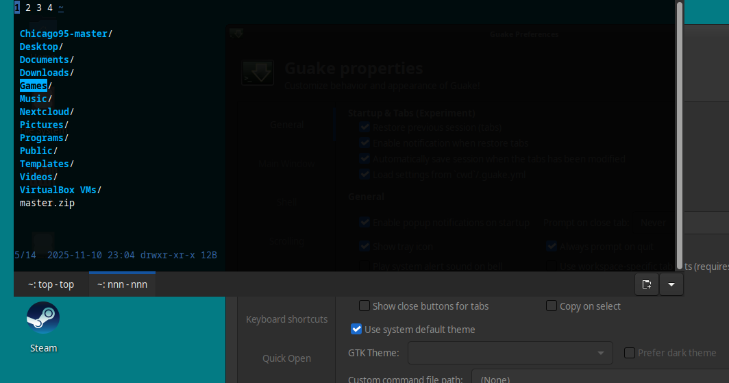 Xfce デスクトップ上の Guake ターミナル。