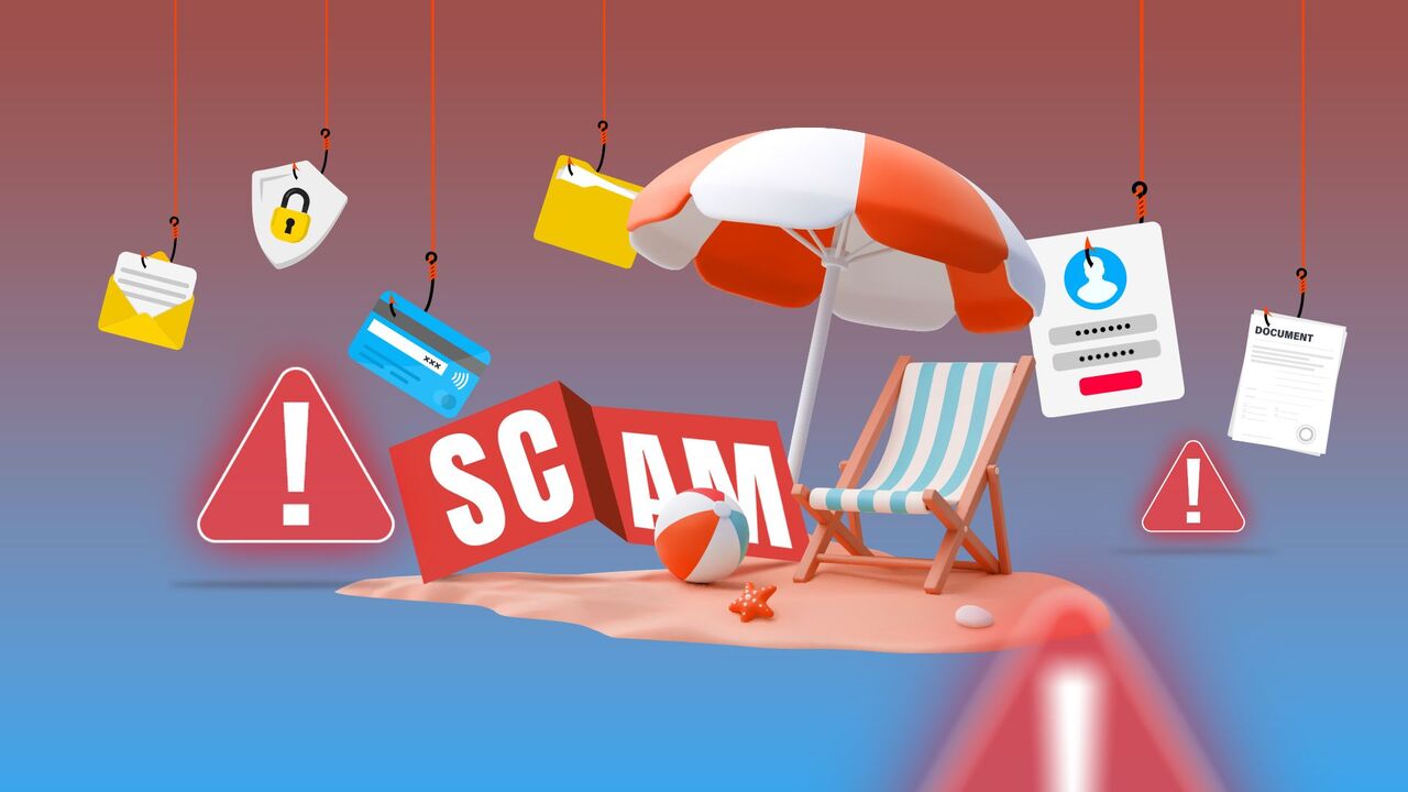 パラソルの下にあるビーチチェア。フックや警告サインに囲まれており、詐欺であることを示しています。