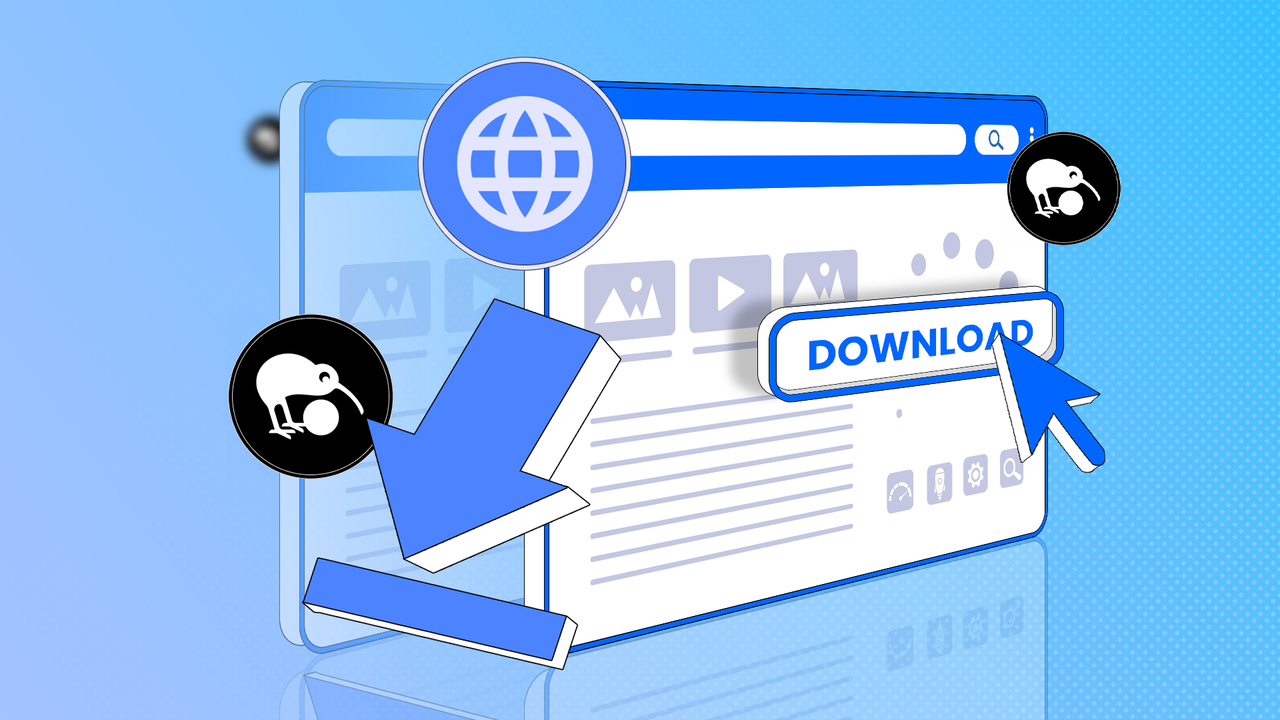 ダウンロード ボタンがクリックされたブラウザ ウィンドウ、ダウンロード アイコン、Kiwix 鳥のロゴ。