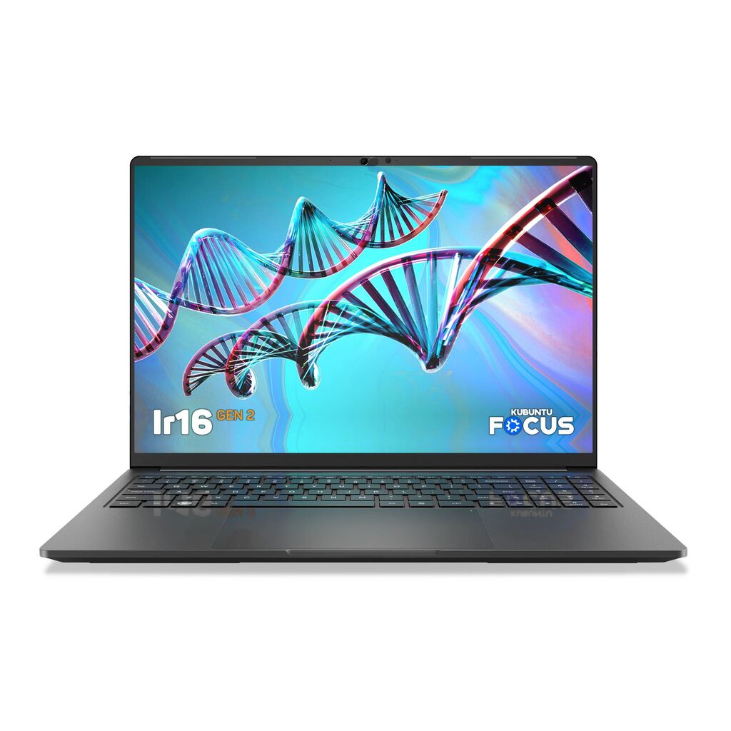 白い背景に Kubuntu フォーカス Ir16 Gen 2 ラップトップ。