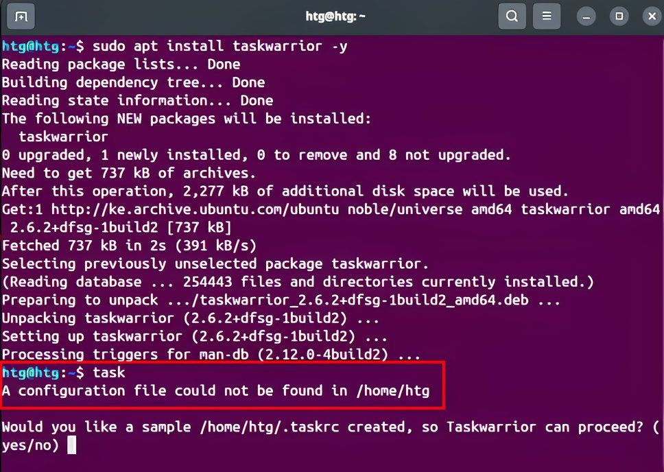 Taskwarrior 設定ファイルが見つからないというメッセージ