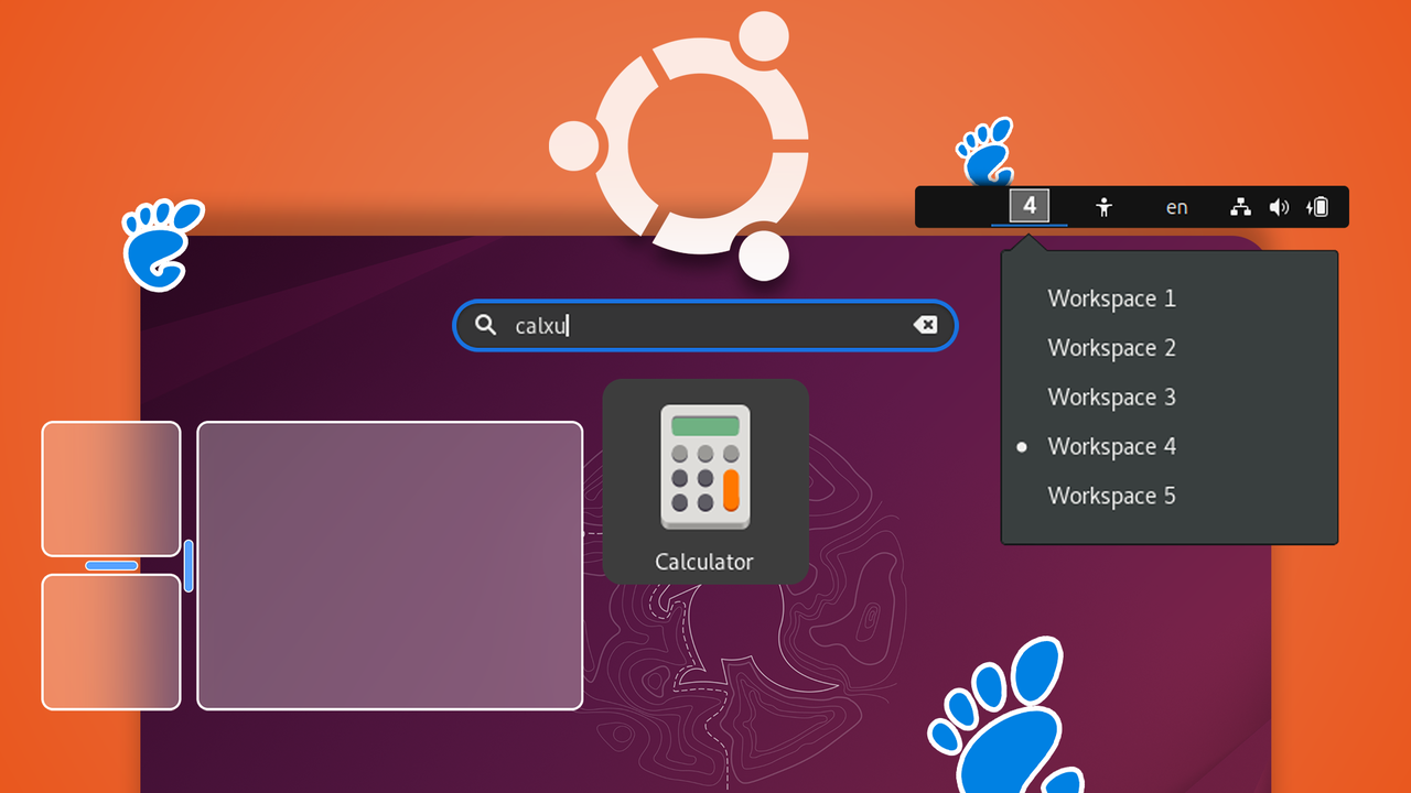 GNOME 拡張機能を使用した Ubuntu デスクトップの図。ファジー検索、タイル シェル、ワークスペース インジケーター ドロップダウンが表示され、背景に Ubuntu と GNOME のロゴが表示されます。