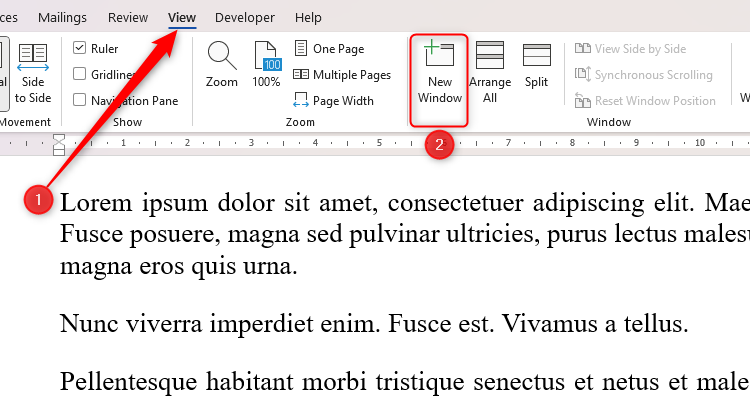 Microsoft Word の[新しいウィンドウ]オプション。リボンの[表示]タブからアクセスします。
