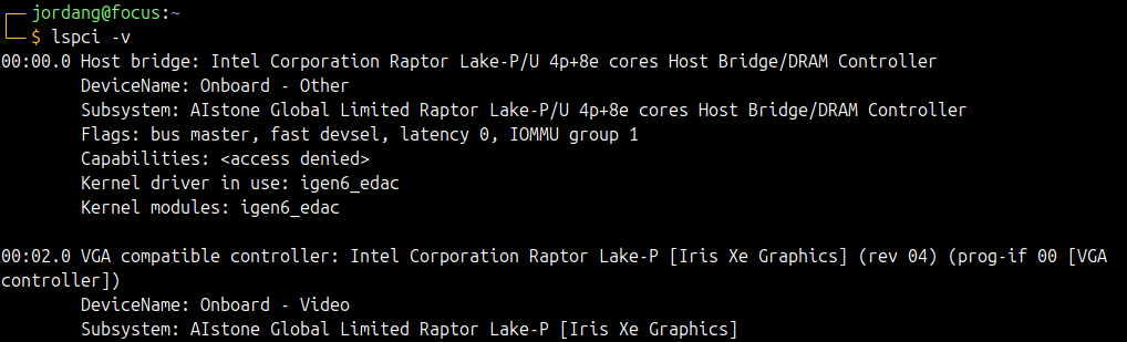 -v フラグを指定した lspci コマンドの出力を表示する Linux ターミナル。
