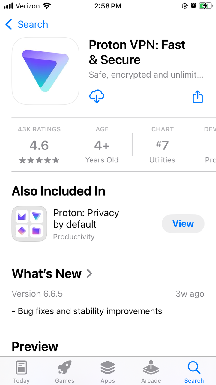 iOS 앱 스토어의 Proton VPN.