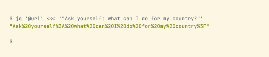 jq @uri フィルターは、予約文字をエンコードされたシーケンスに変換します。