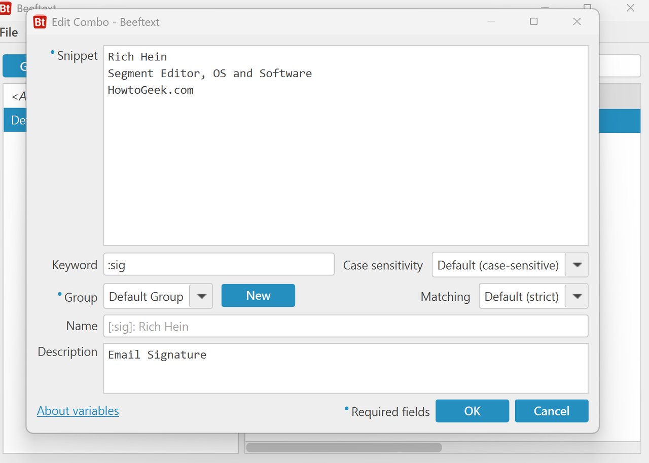 構成ページを開いた Beeftext テキスト拡張アプリのスクリーンショット。 