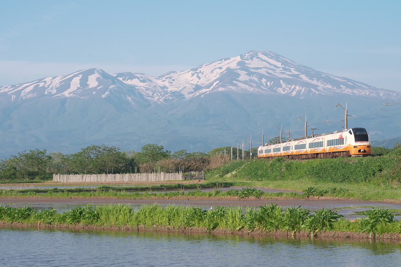 絶景の鳥海山をバックにEF510貨物、E653系いなほ : リョウタンPP