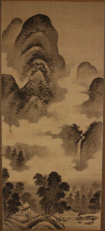 牧野梅僊 /秋景山水人物図】掛軸 山水画 江戸時代 真作】渓堂/梅渓聴泉之図/山水人物図/掛軸☆宝船☆AB-811の通販