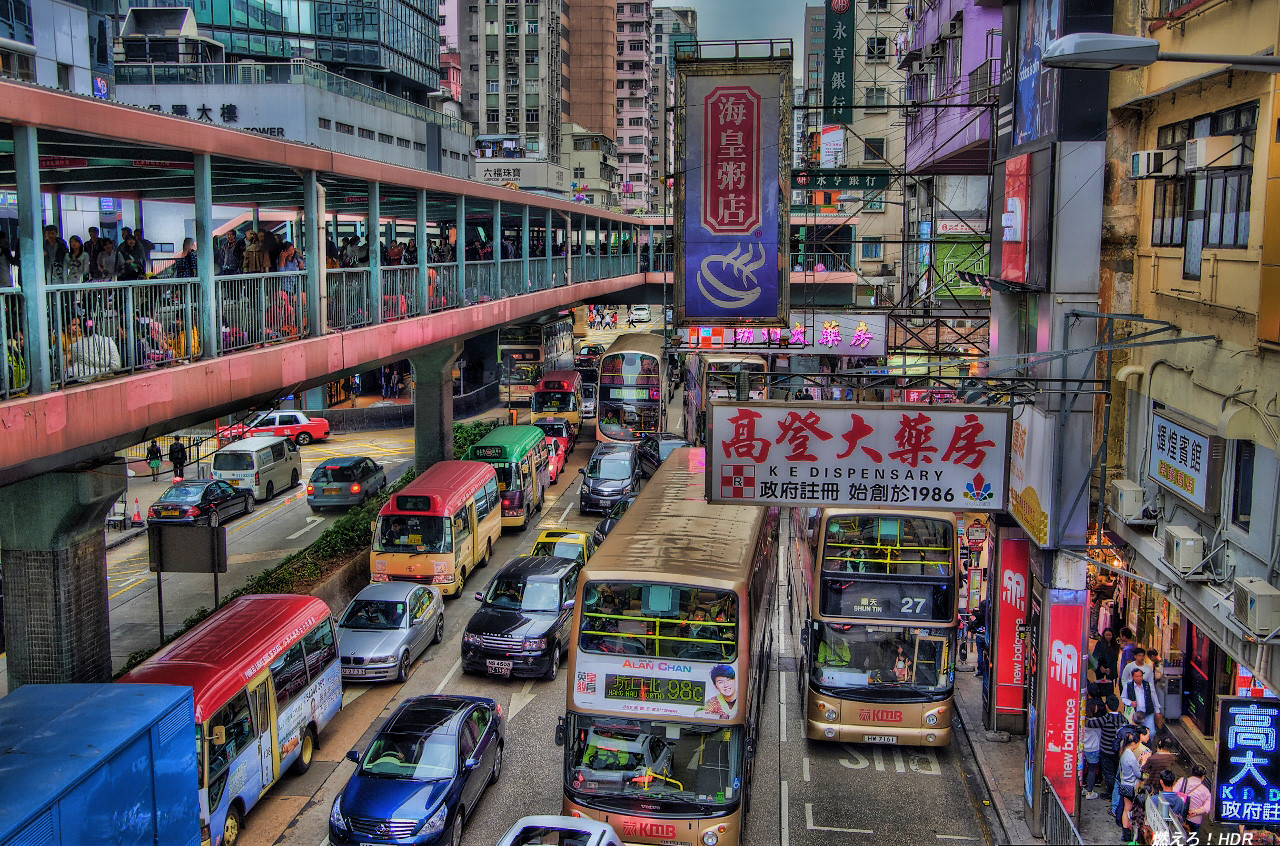 香港といえば看板と2階建バス 燃えろ Hdr 香港といえば看板と2階建バス 燃えろ Hdr