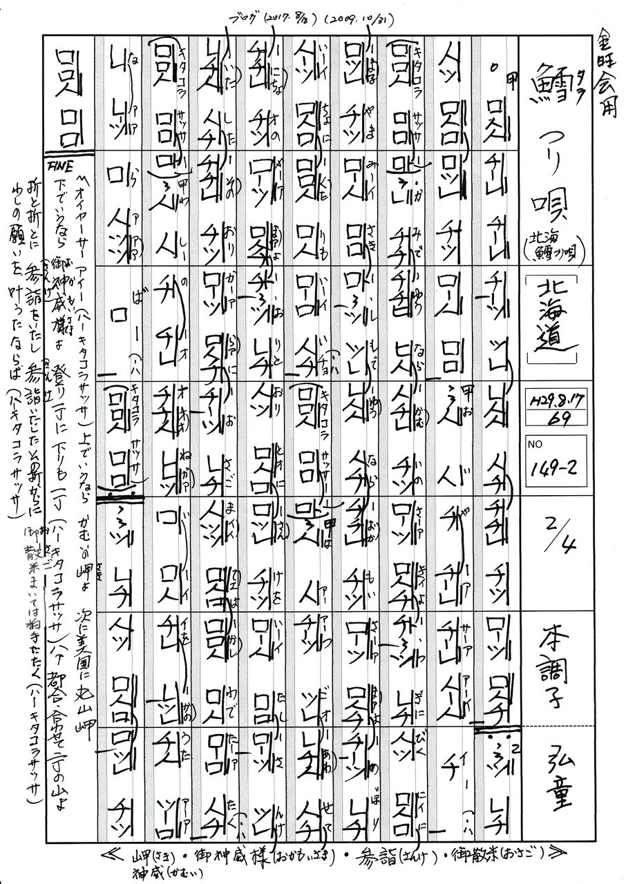 鱈釣り唄」の都山譜に挑戦。歌詞。南茅部郡に伝わる「鱈釣り