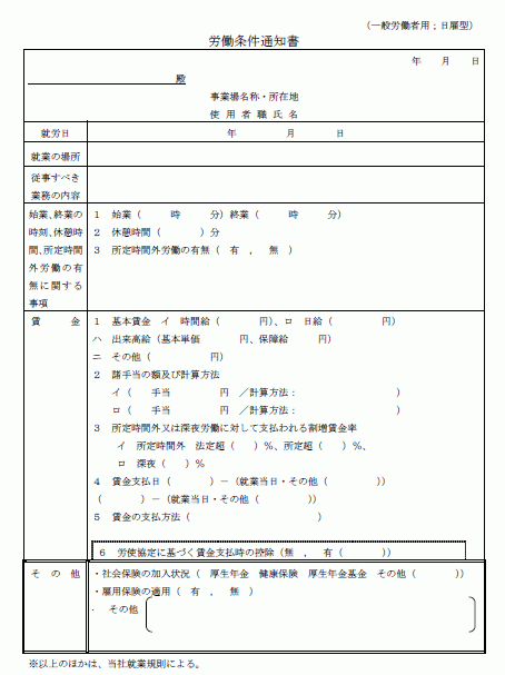 労働条件通知書 一般労働者 日雇型 Wordで使える 就業規則 労務管理書式blog