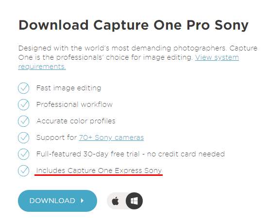 Includes Capture One Express Sony