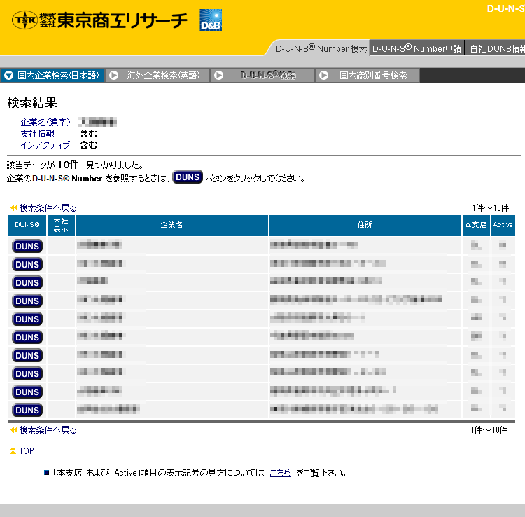 結果一覧にあれば左端のDUNSをクリック