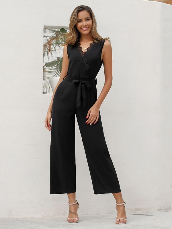 shestar wholesale lace detail neck tie waist tank jumpsuit