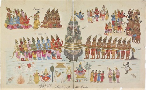 1820年頃に描かれた乳海攪拌(ウィキペディア)