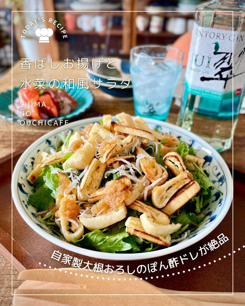 香ばしいお揚げとおろしポン酢の自家製ドレッシングが絶品 創作ダイニング風サラダ 水菜としらすの香ばしお揚げサラダ 簡単 節約 おしゃレシピ Shimaのオウチカフェ Powered By ライブドアブログ