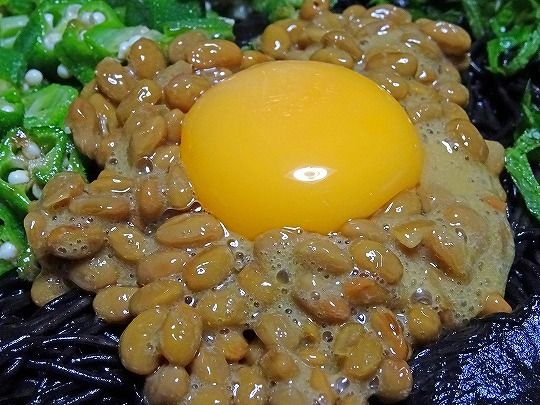 青じそオクラ納豆deイカスミパスタ風そうめん : 食いしん坊シモさん
