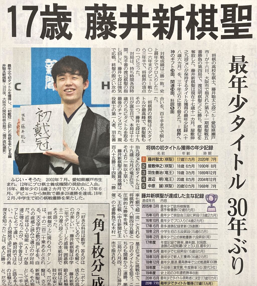 17歳 史上最年少タイトル獲得 藤井聡太棋聖誕生 新聞は永久に不滅です オーナー編