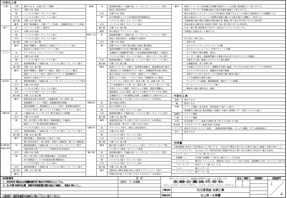 45☆のブログ。 : 仕上表・仕様書