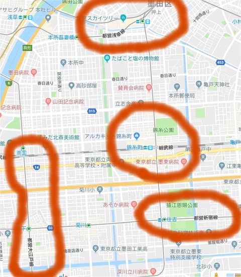 錦糸町周辺　赤丸