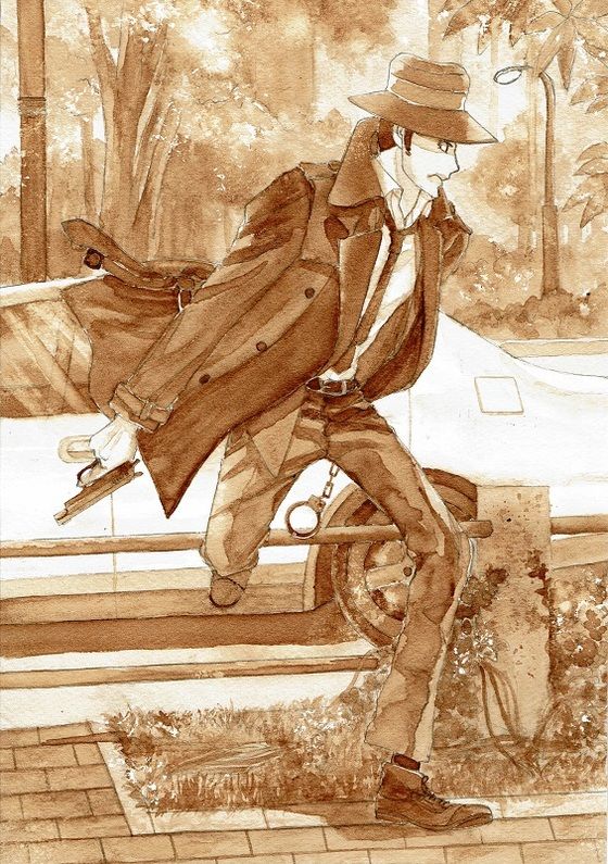 追跡者-a chaser-」 銭形警部 ルパン三世 (コーヒー画と水彩画 追跡者-a chaser-」 銭形警部 ルパン三世 (コーヒー画と水彩画