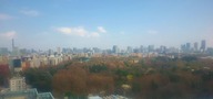 新宿高島屋屋上の眺望(左に霞んだスカイツリー、右に赤い東京タワー)