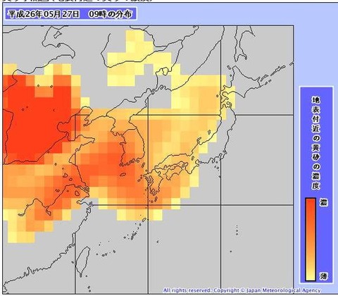【要注意】本日(5月27日)は九州で黄砂とPM2.5の飛来に注意!30日には日本全体を覆う模様・・・
