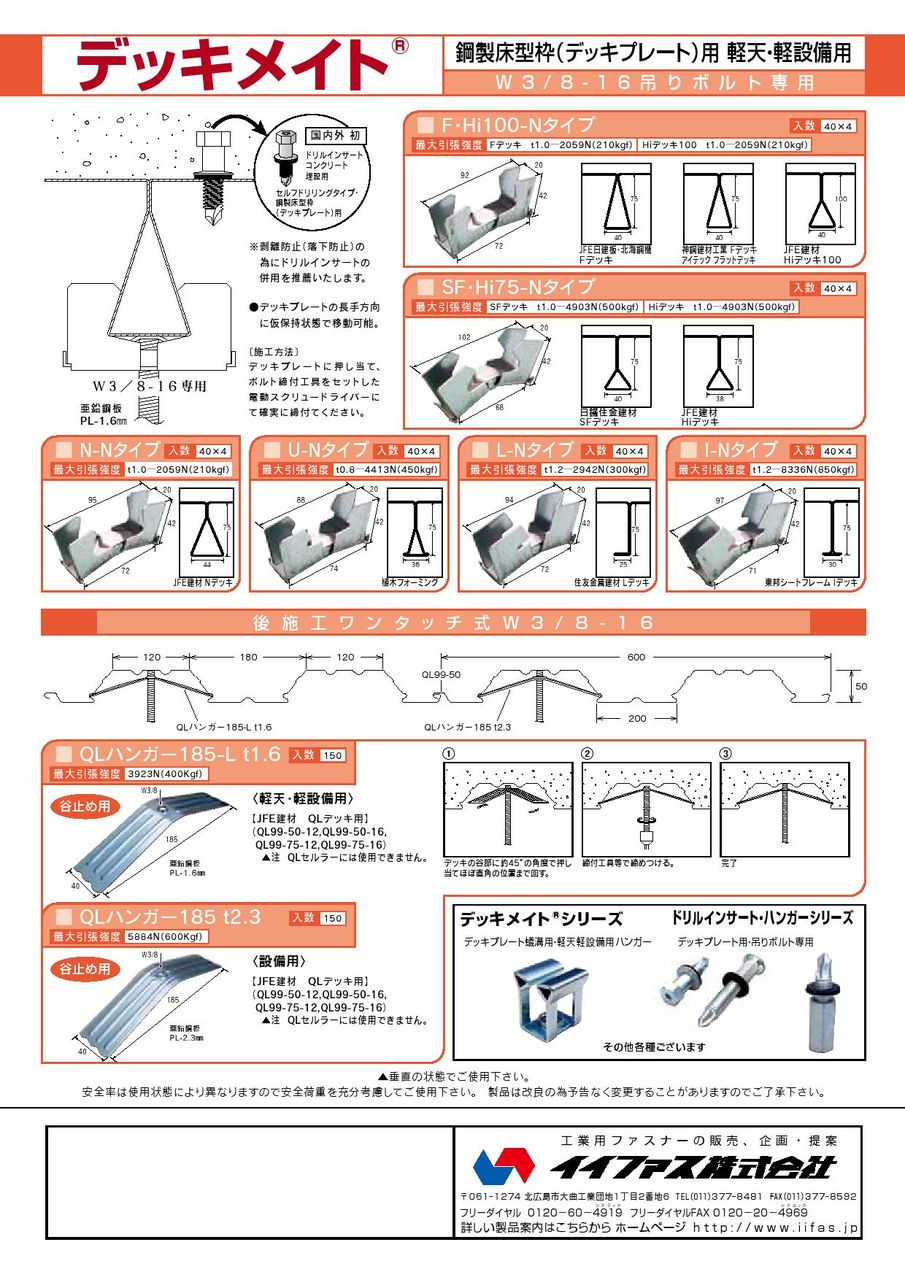 新商品 qlハンガー185 w3 8ボルト吊り金具 jfe建材qlデッキに適合 つなぐ とめる 締結部品の企画製造 シグテックファスナー