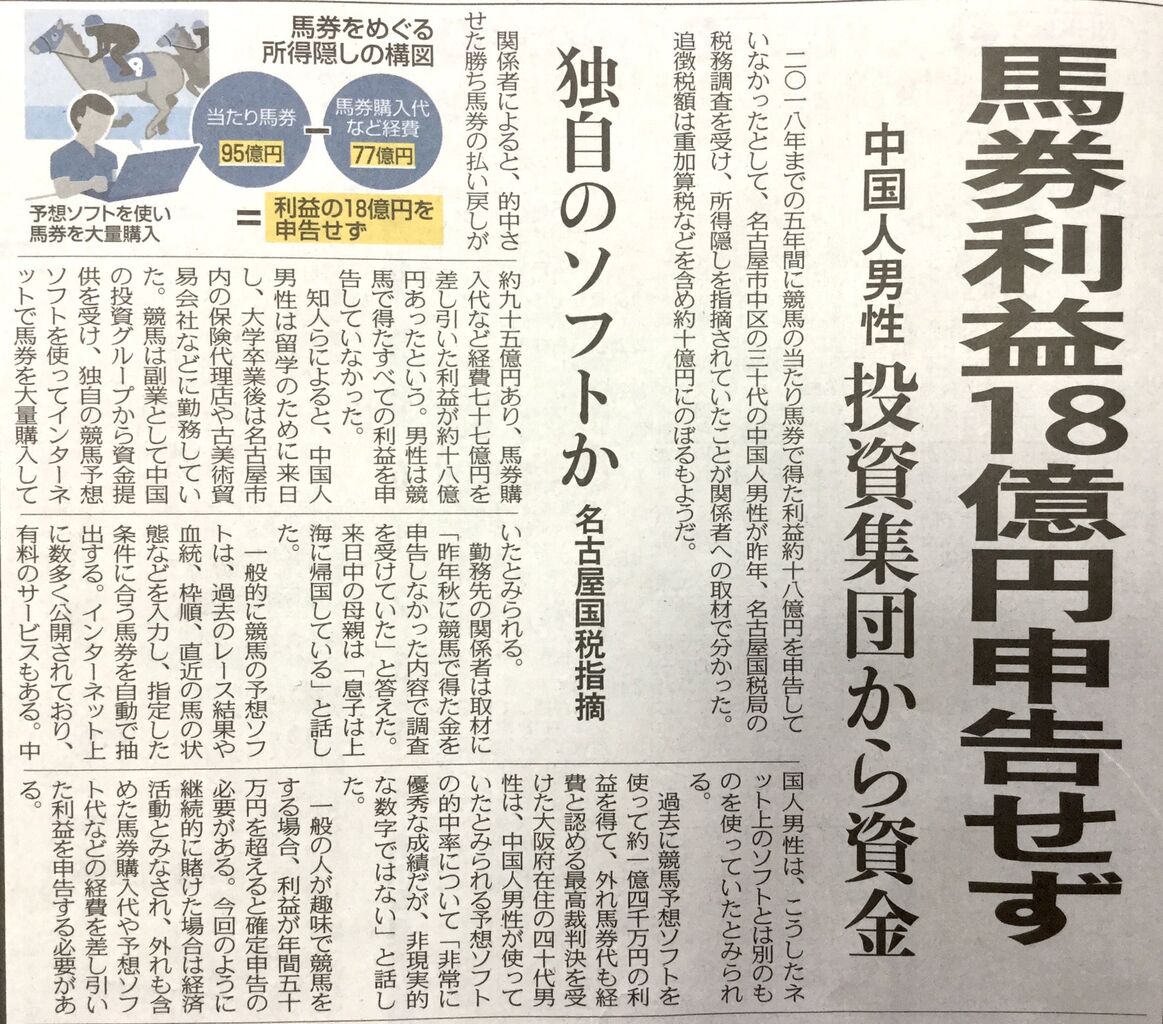 中国人男性 競馬予想ソフトで的中させた当たり馬券の利益１８億円を申告せず 名古屋国税が所得隠し指摘 既に上海に高飛び 新快速news発信局