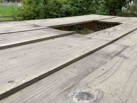 朽ちたバーベキューテーブルの天板