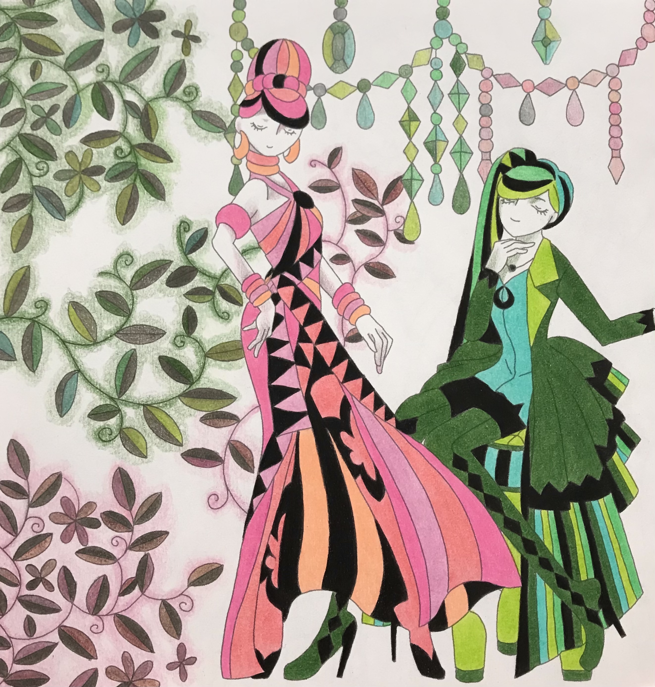 ダイソー癒しの塗り絵 秘密の時間より 綺麗なモデルさんたち 休日は色鉛筆