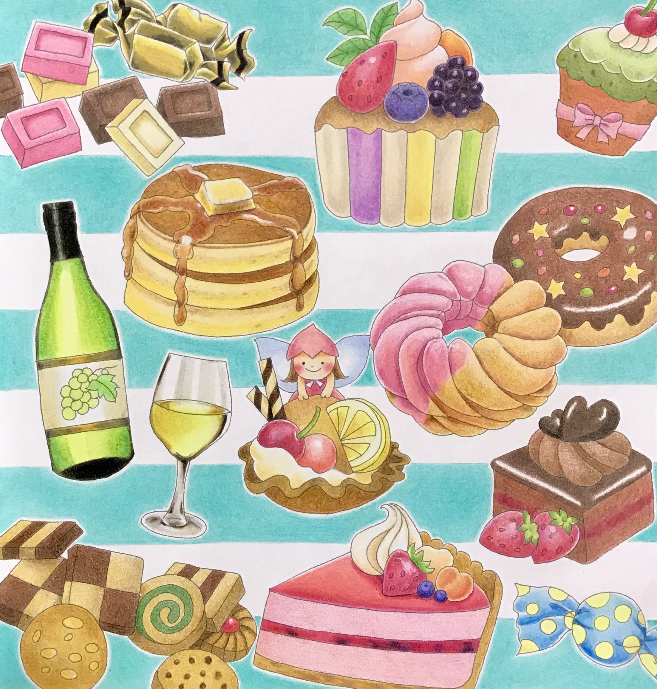 ダイソー癒しの塗り絵 メルヘンの世界より スイーツのページ 休日は色鉛筆 ダイソー癒しの塗り絵 メルヘンの世界より スイーツのページ 休日は色鉛筆