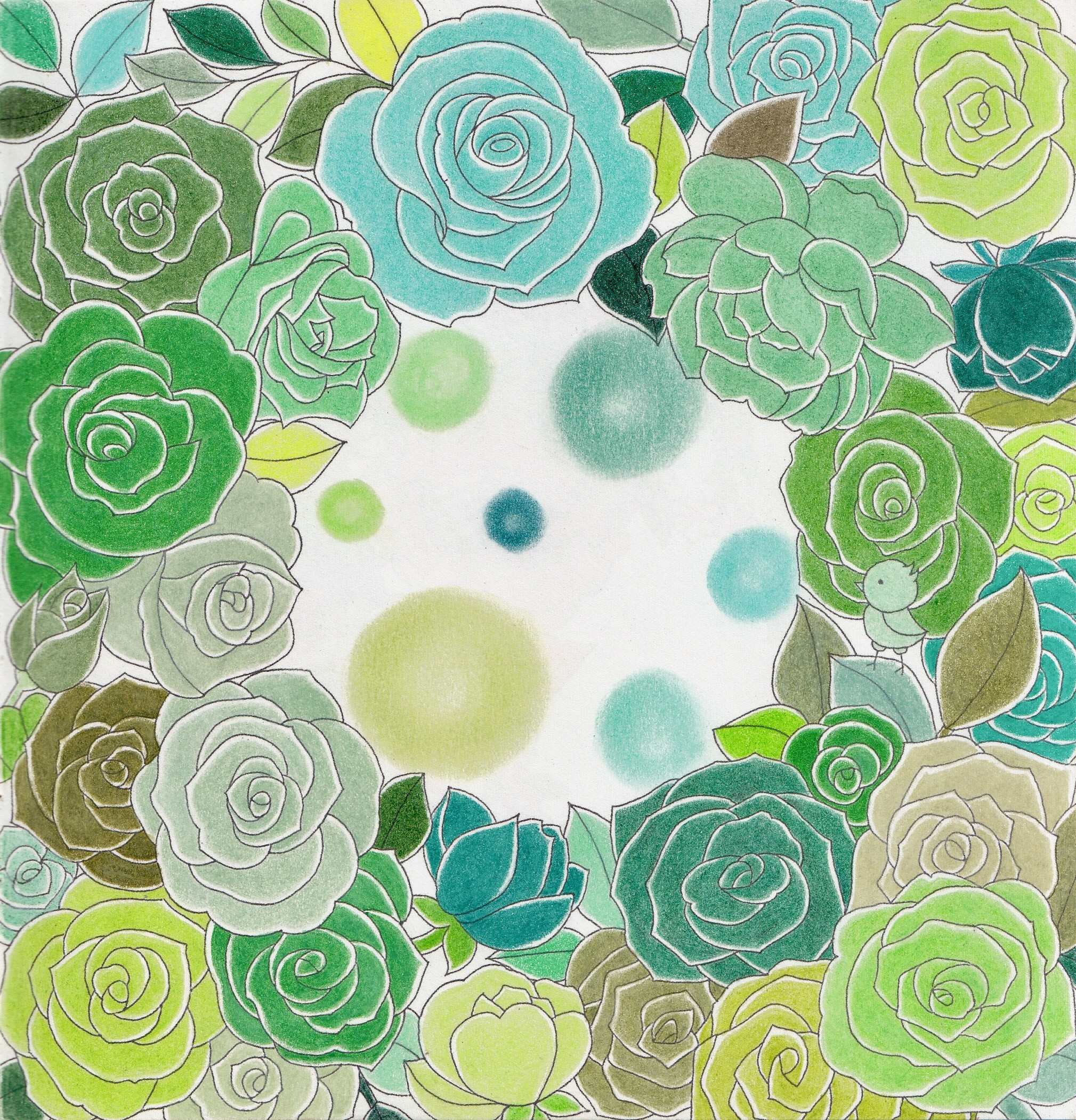ダイソー癒しの塗り絵 花の国 お姫さまとファンタジーより ベタ塗りで花を塗る 休日は色鉛筆