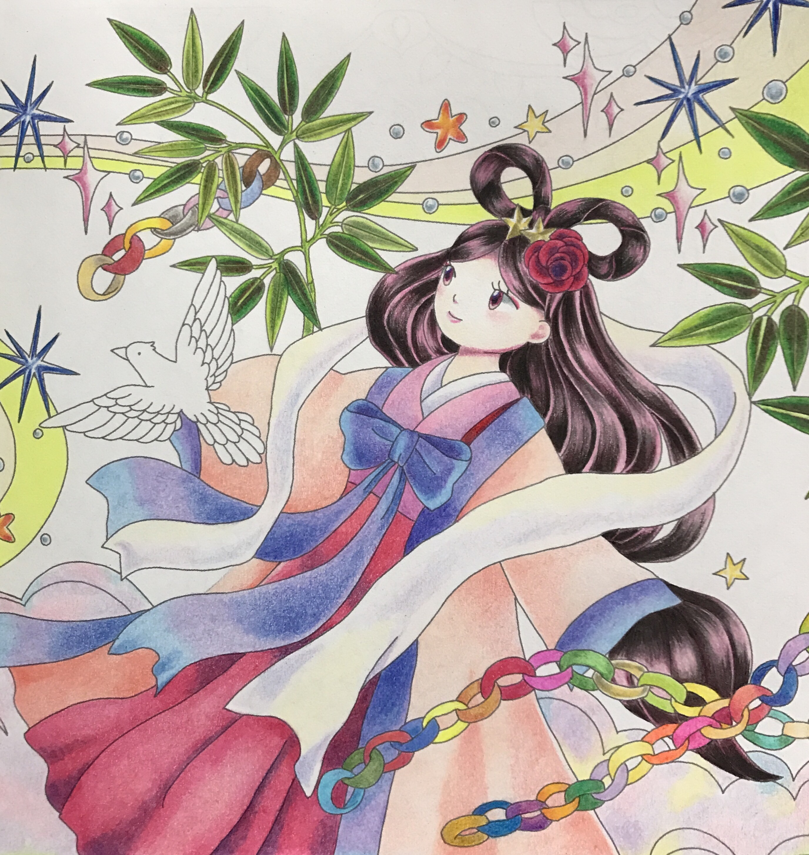 ダイソー癒しの塗り絵 秘密の時間より 七夕 塗り過程その2 休日は色鉛筆