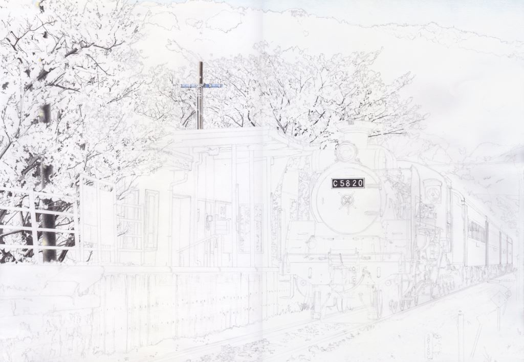 鉛筆画「桜満開の天浜線尾奈駅とC58」経過報告-3 : SL@天浜線